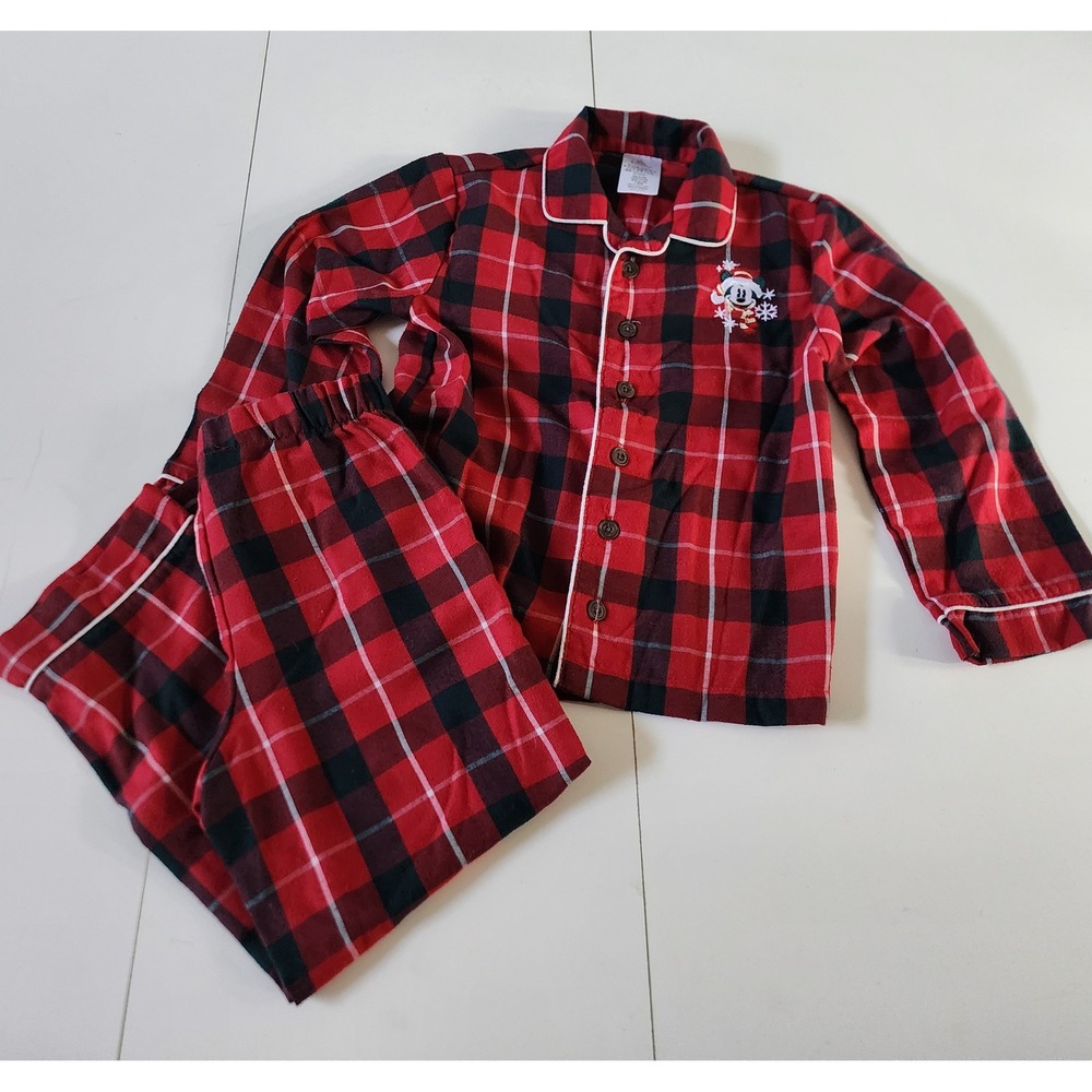 Disney Parks Mickey Mouse Red Black Plaid Pajama Set Kids 5/6 Holiday Fleece